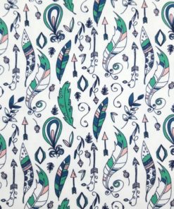 weißer Boho Stoff mit Federn blau altgrün Detail