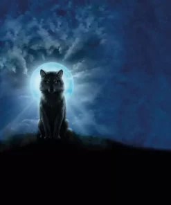 großes Jersey Panel Wolf vor Vollmond