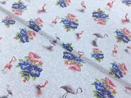grau melierter Sommersweat Flamingo und Blumen