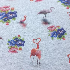 grau melierter Sweat Flamingos und Blumen Detail