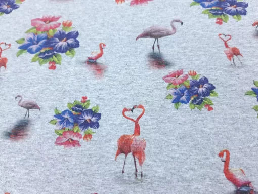 grau melierter Sweat Flamingos und Blumen Detail