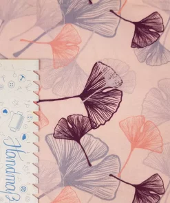 Jersey Stoff mit Ginkgo Blättern rosa Lineal senkrecht
