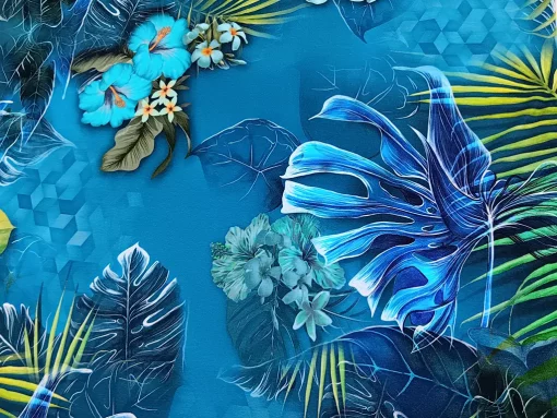 Panel Stoff Hibiskusblüte und Monstera Detail