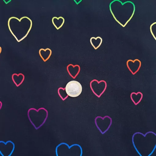 Jerseystoff Rainbow Hearts Euro als Größenvergleich
