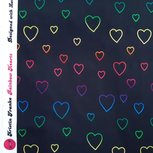 SanDaLu Jerseystoff Rainbow Hearts Webrand der pinke Knopf