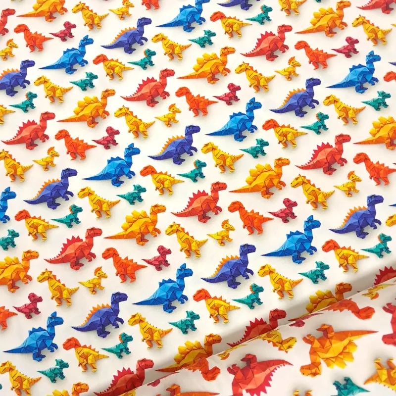 SanDaLu Jersey Stoff mit Dinosauriern in rot gelb blau