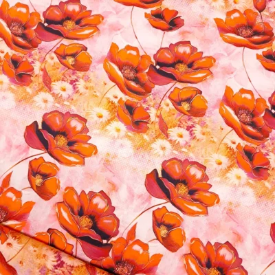 SanDaLu Jersey Stoff mit Mohnblumen und Gänseblümchen in rot