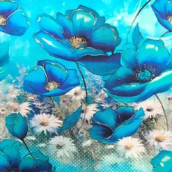 Stoff mit großen blauen Blumen und Gänseblümchen