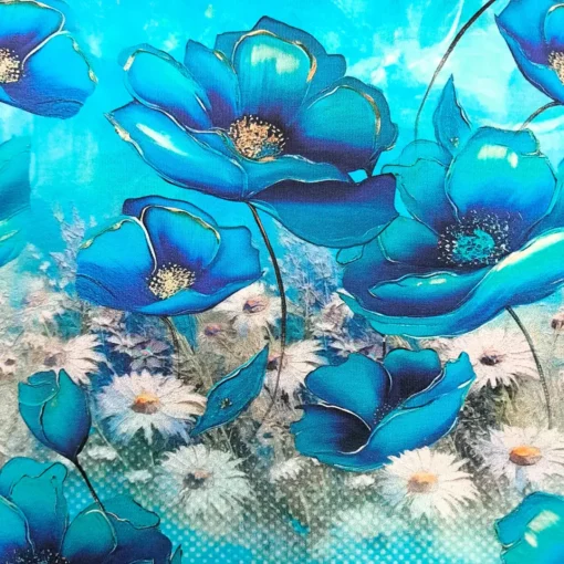 Stoff mit großen blauen Blumen und Gänseblümchen