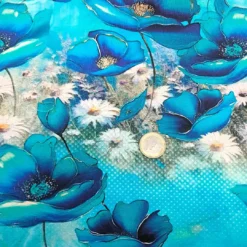 Blumenstoff in türkis, Euro als Größenvergleich