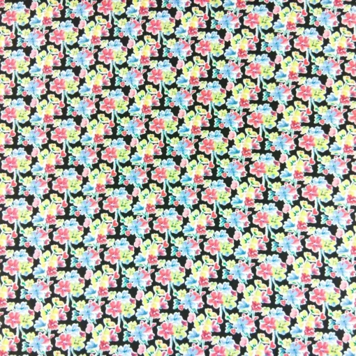 Viskose Webware schwarz mit bunten Blumenmuster