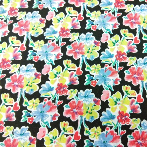 Viskose Webware schwarz mit bunten Blumenmuster