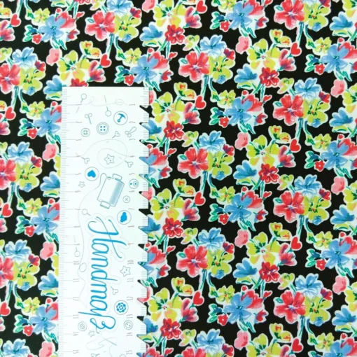 Viskose Webware schwarz mit bunten Blumenmuster Lineal