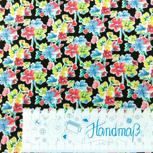 Viskose Webware schwarz mit bunten Blumenmuster