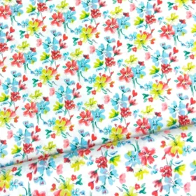 SanDaLu Viskosestoff mit bunten Blumen in weiß