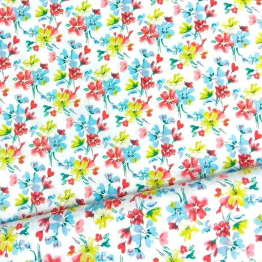 SanDaLu Viskosestoff mit bunten Blumen in weiß
