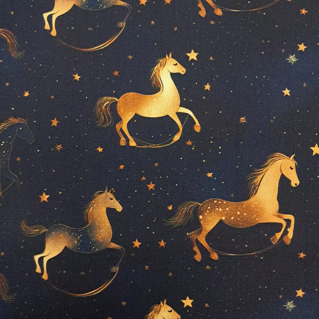 SanDaLu schwarzer Weihnachtsstoff mit Schaukelpferden Detail