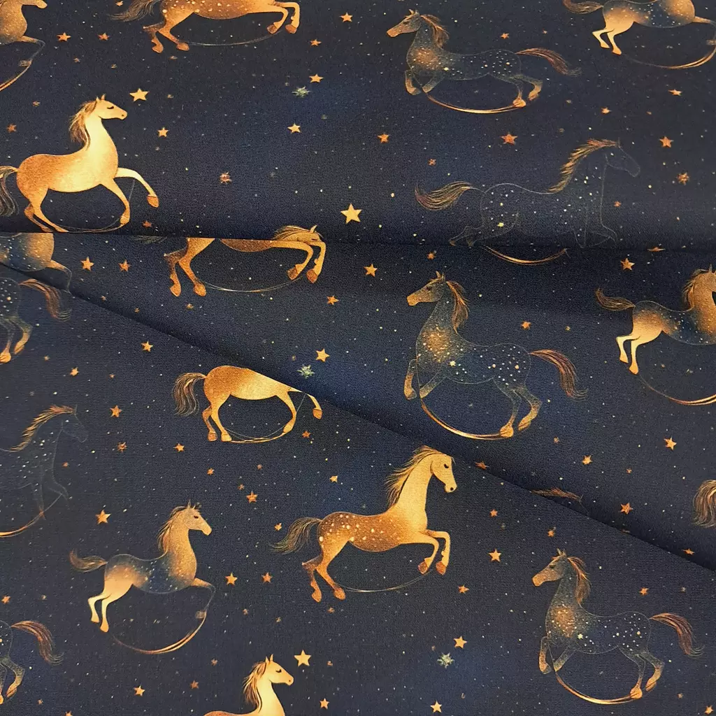 Baumwollstoff Weihnachten Schaukelpferd und Sterne Falten