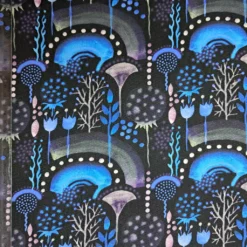 SanDaLu Sweatstff mit Regenbogen und stilisierten Blumen in blau grau schwarz Lineal