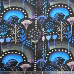 SanDaLu Sweatstff mit Regenbogen und stilisierten Blumen in blau grau schwarz Lineal