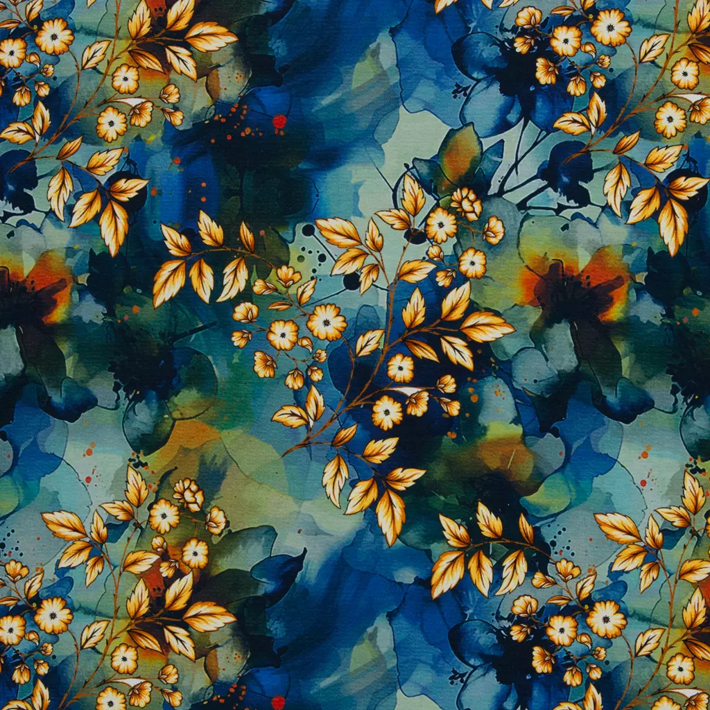 SanDaLu Modal Jersey mit Blumen in verschiedenen Blautönen
