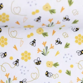SanDaLu Baumwollstoff mit Bienen und Blumen weiß