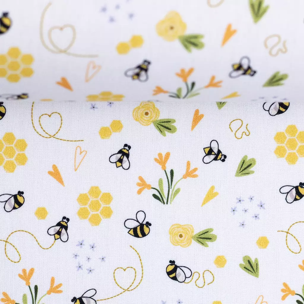 SanDaLu Baumwollstoff mit Bienen und Blumen weiß