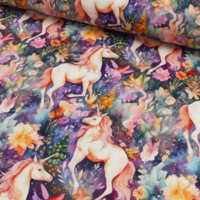 SanDaLu Einhorn Jersey Stoff mit Blumen