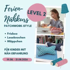 SanDaLu Ferien-Nähkurs Patchworkstyle, Mädchen an der Nähmaschine, bunte Leseknochen