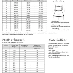 Schnittmuster Noa für Damen Tabelle