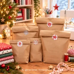 SanDaLu Stoff- und Näh-Adventskalender auf einem Tisch mit Stoffen und Nähmaschine