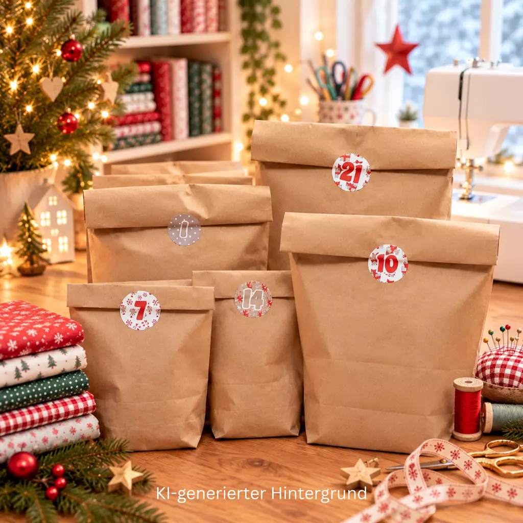 SanDaLu Stoff- und Näh-Adventskalender auf einem Tisch mit Stoffen und Nähmaschine